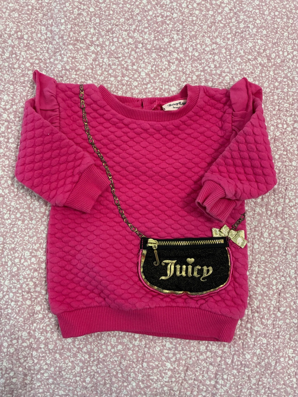 Juicy Couture Girls Bright Pink Quilted Sweatshirt with Gold Purse Accent